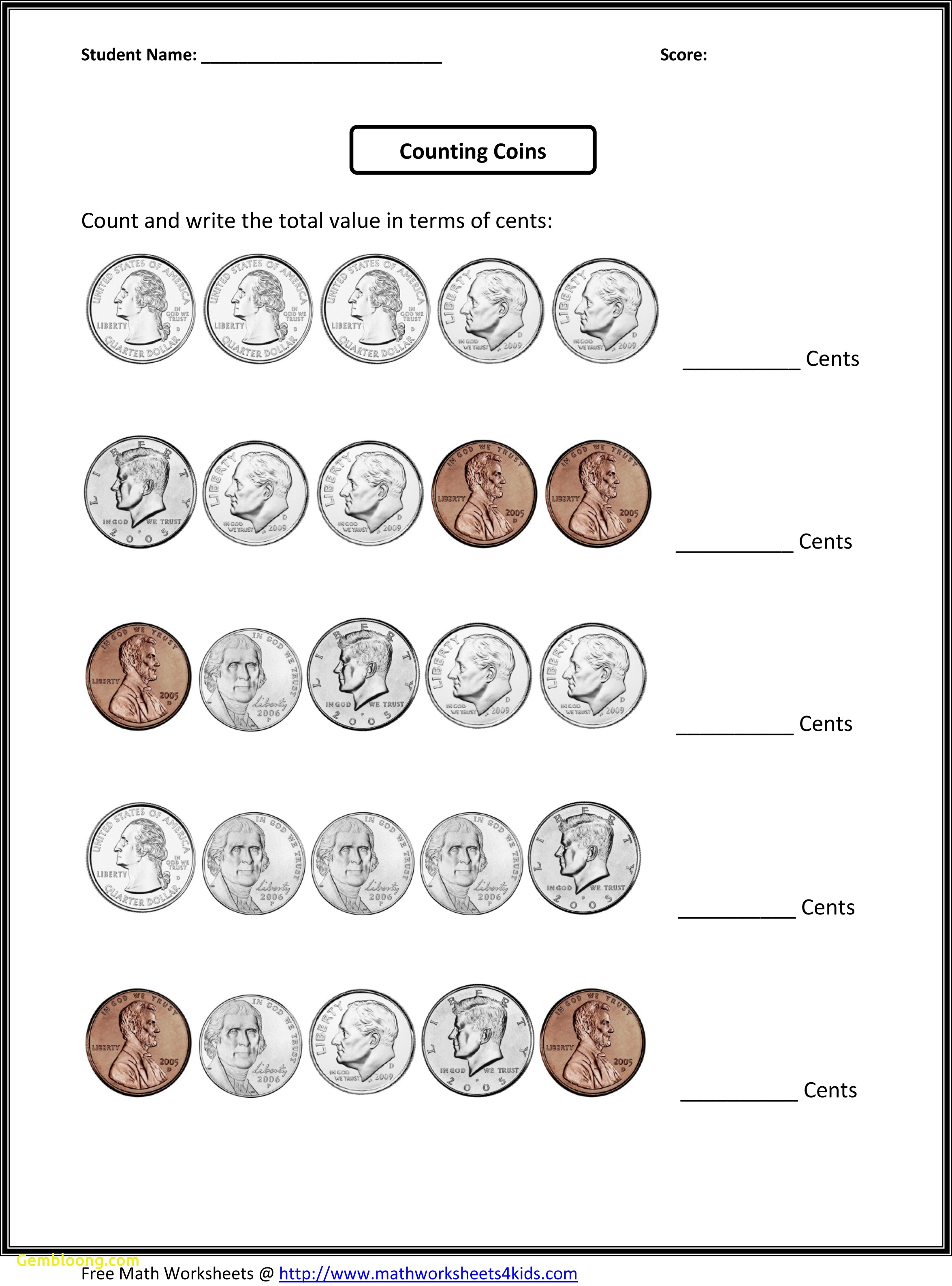 Free Printable Adding Coins Worksheet