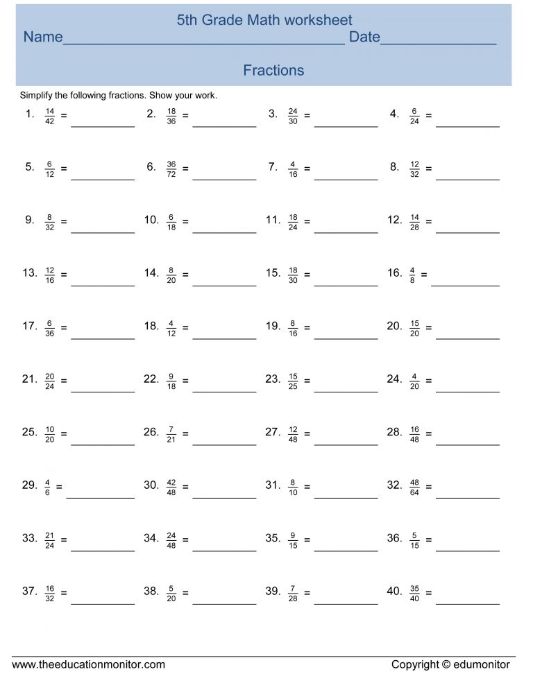 5th Grade Fractions Practice Worksheet