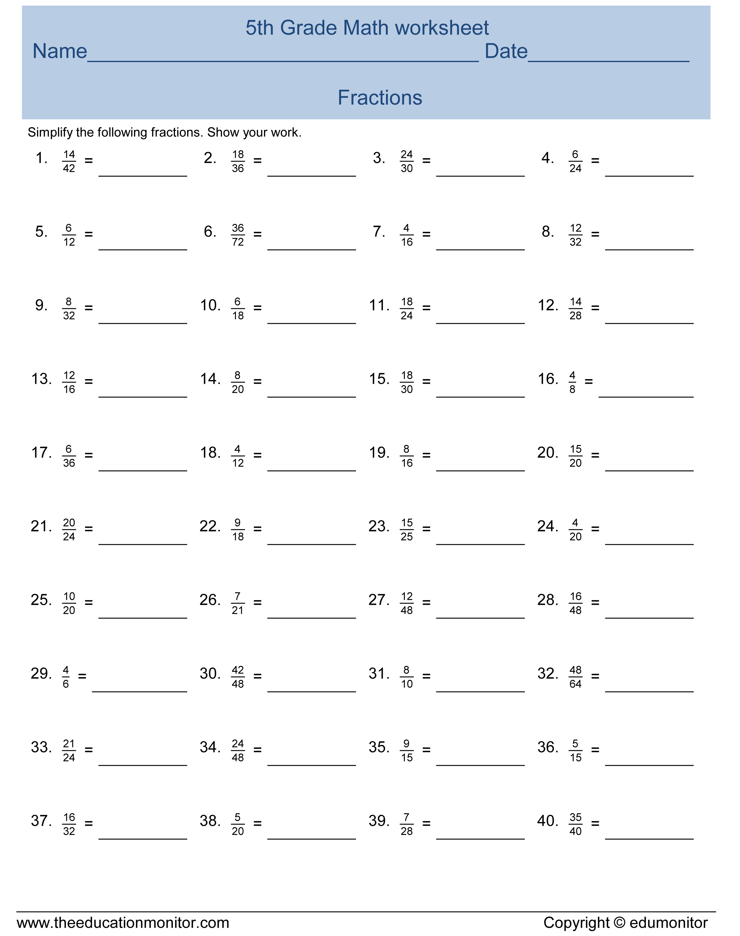 5th Grade Fractions Worksheet