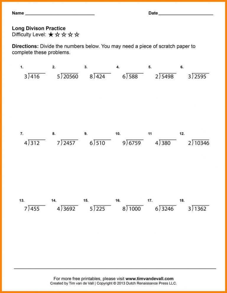 5th Grade Math Division Printable Worksheets