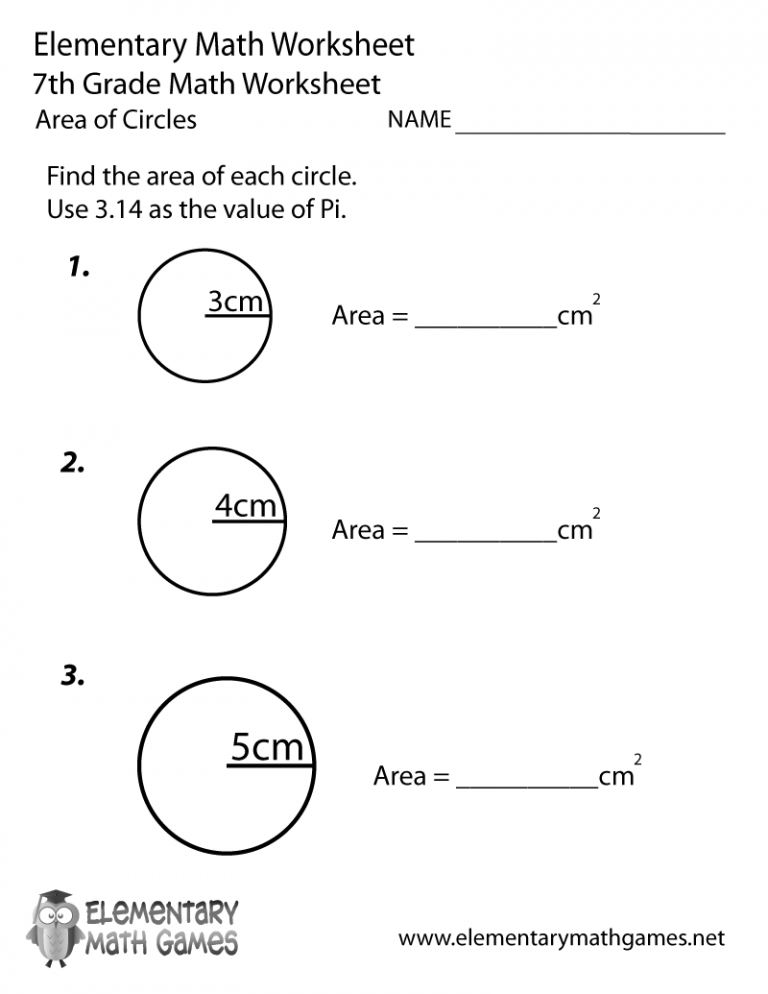7th grade area of circles worksheets printable
