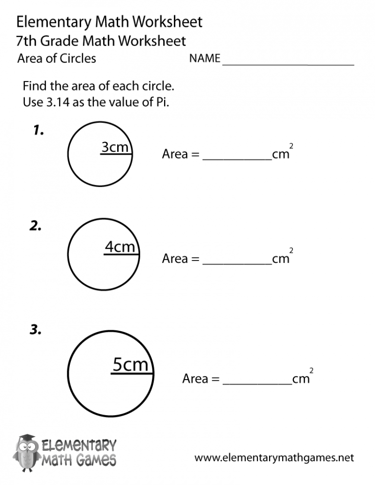 7th Grade Area of Circles Worksheets Printable