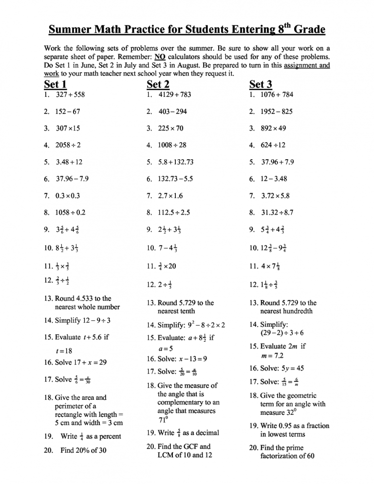 8th Grade Math Practice - Printable Worksheet