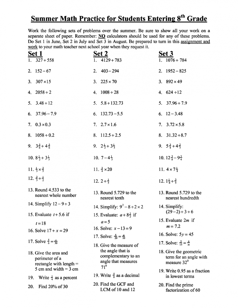 Printable 8th Grade Math Worksheets