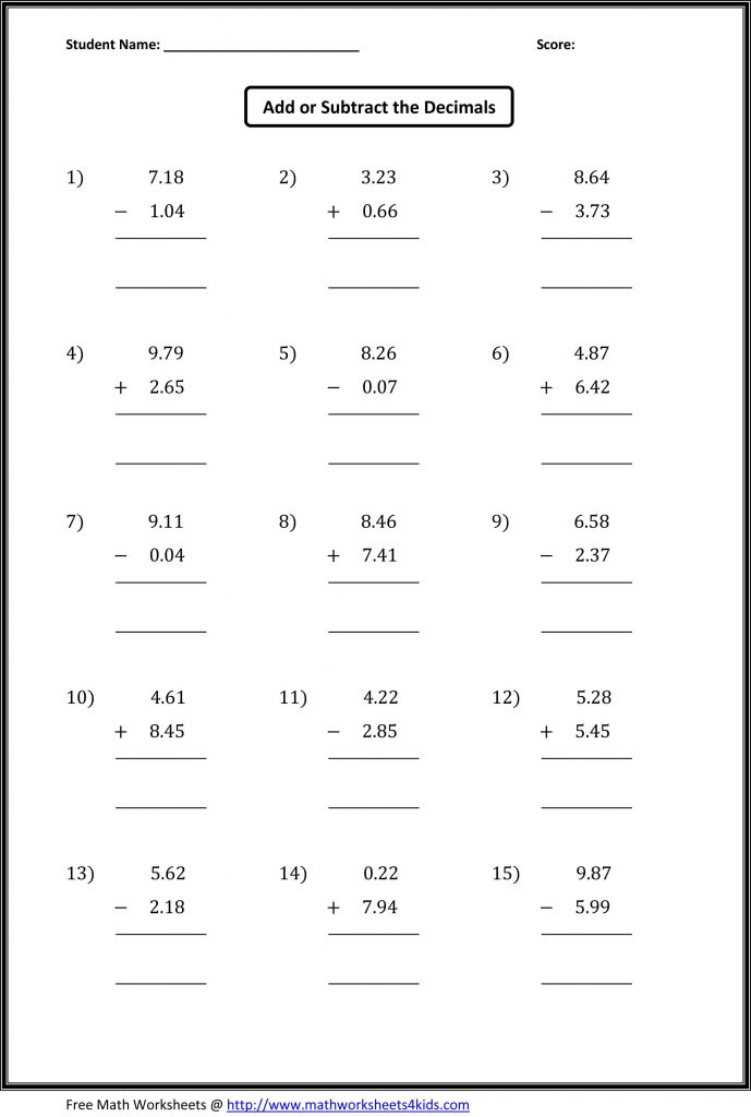 Math Worksheets Decimals Addition And Subtraction With Money Grade 7