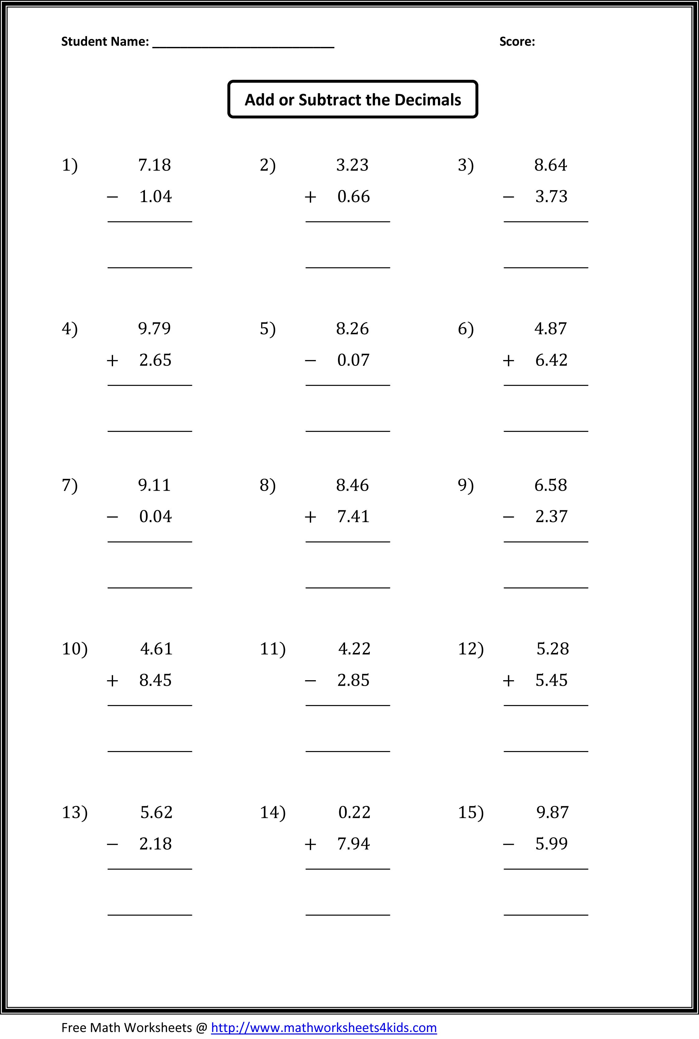 Add And Subtract Decimals Practice MySchoolsMath