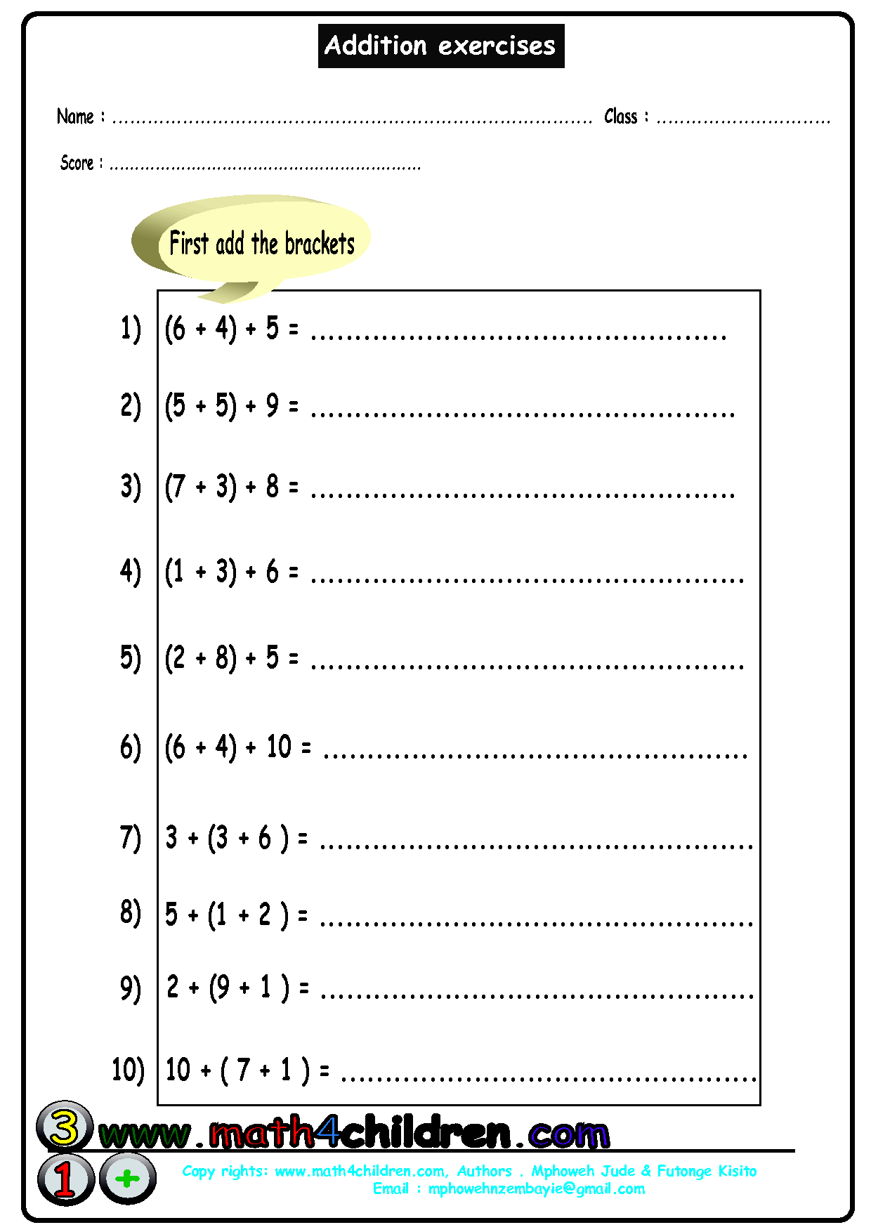 Adding with Brackets Worksheets
