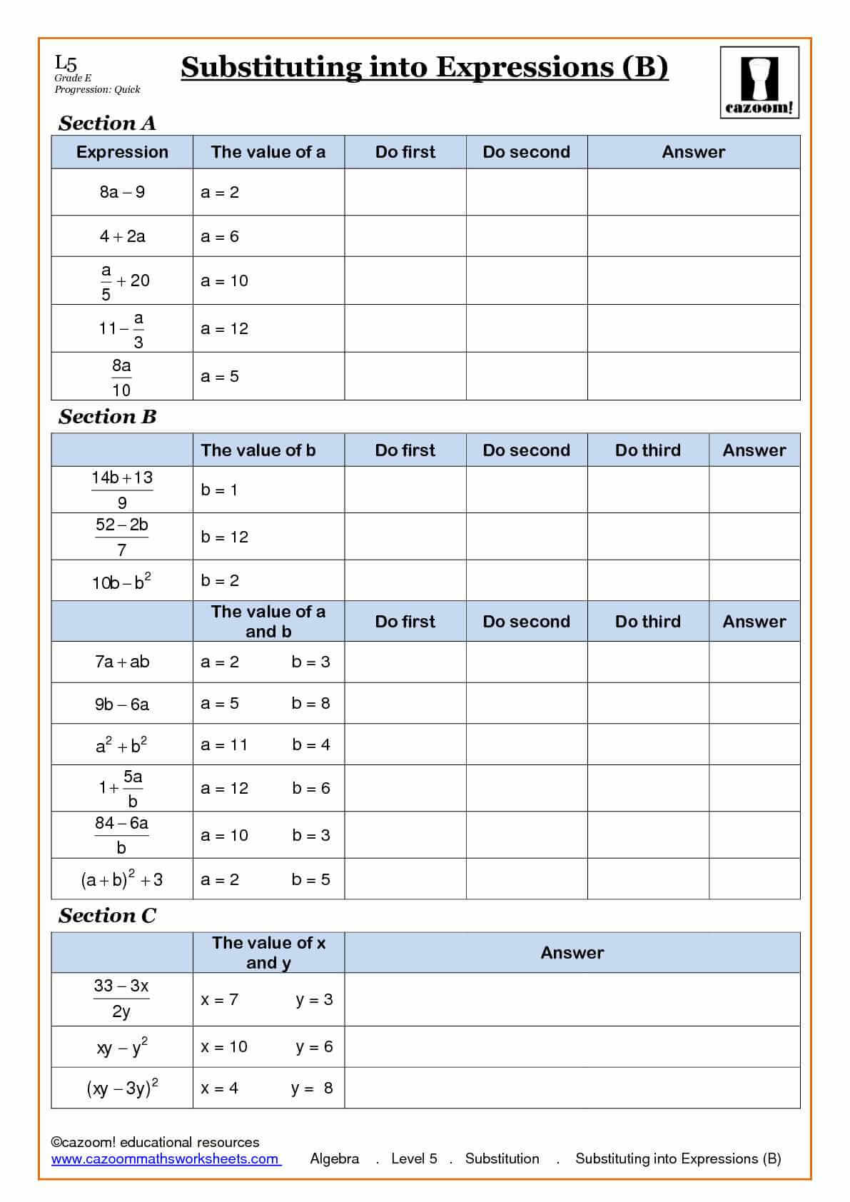 Algebra Substitution into Expressions Worksheet