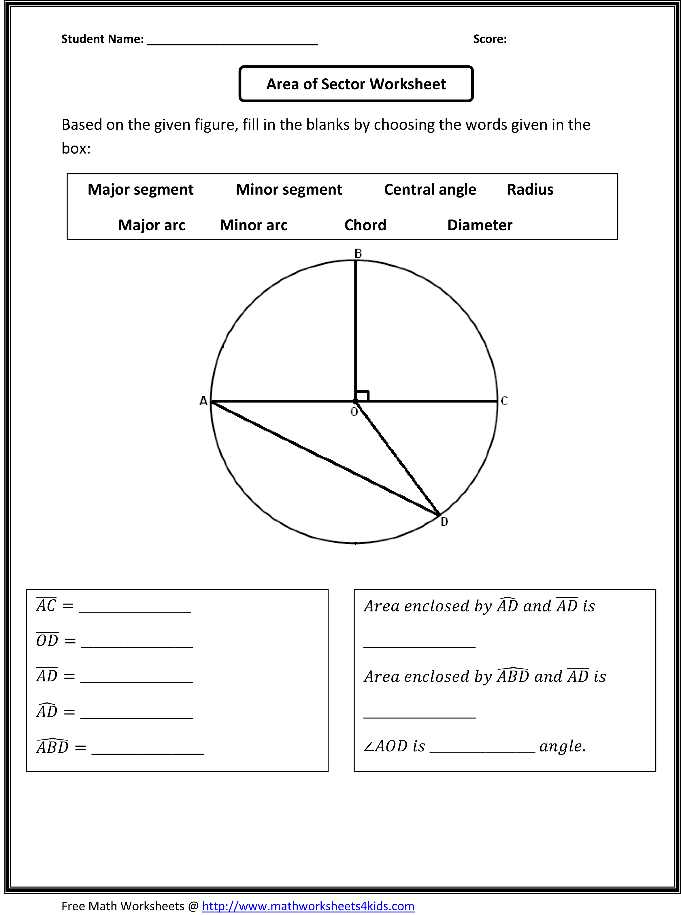 Area of a Sector Worksheet