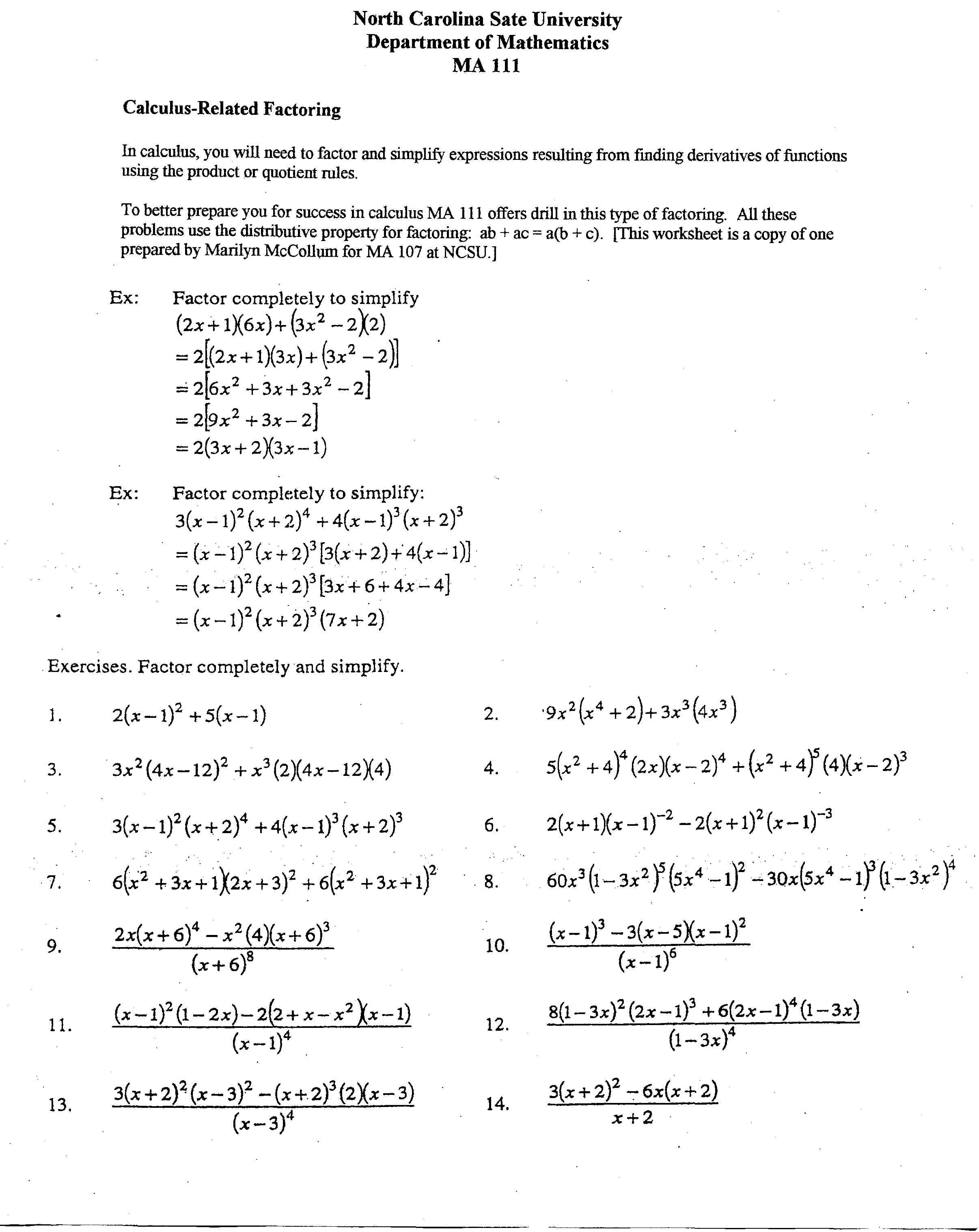 Calculus Related Factoring Printable