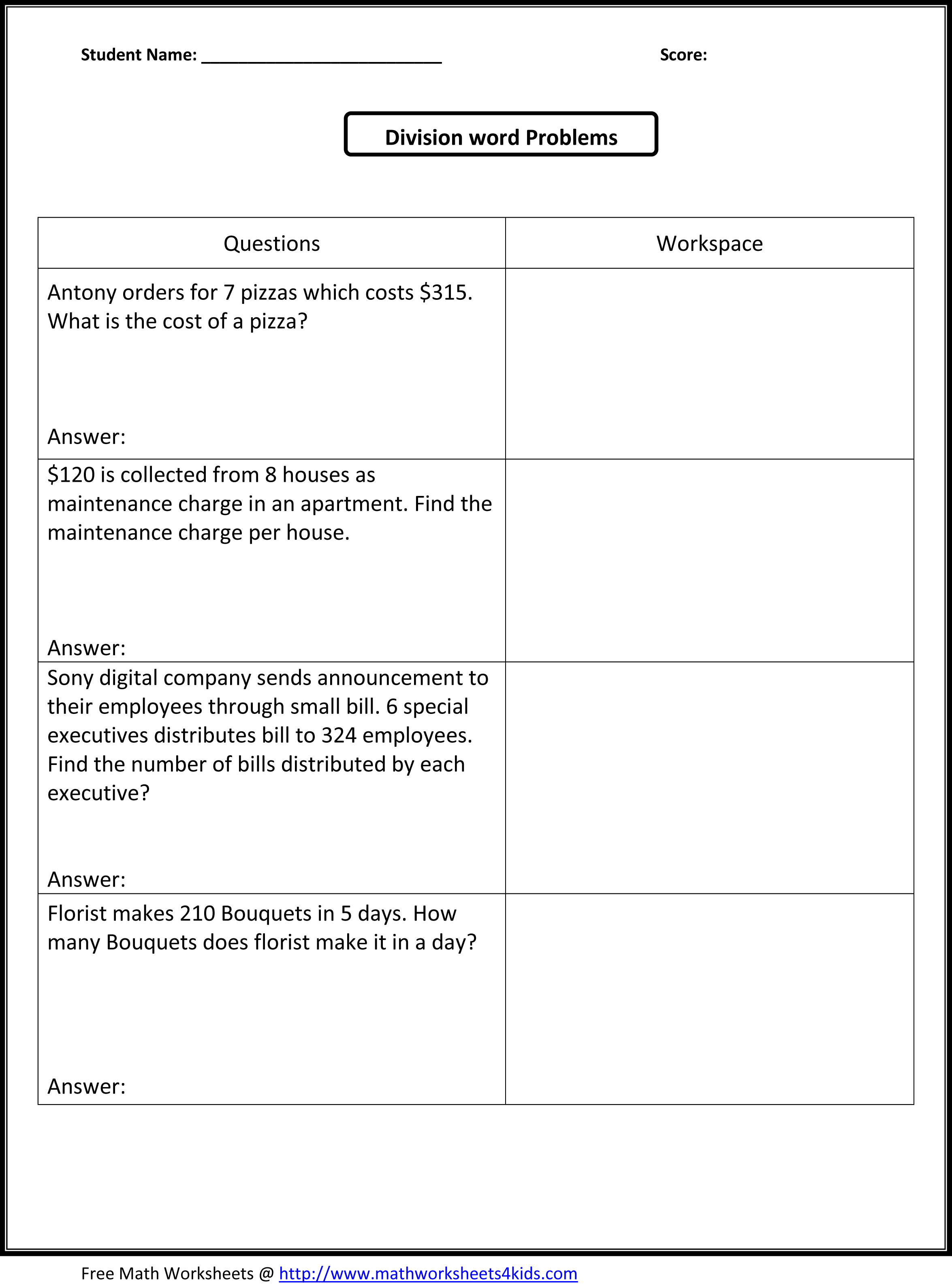 Division Math Practice Word Problems MySchoolsMath