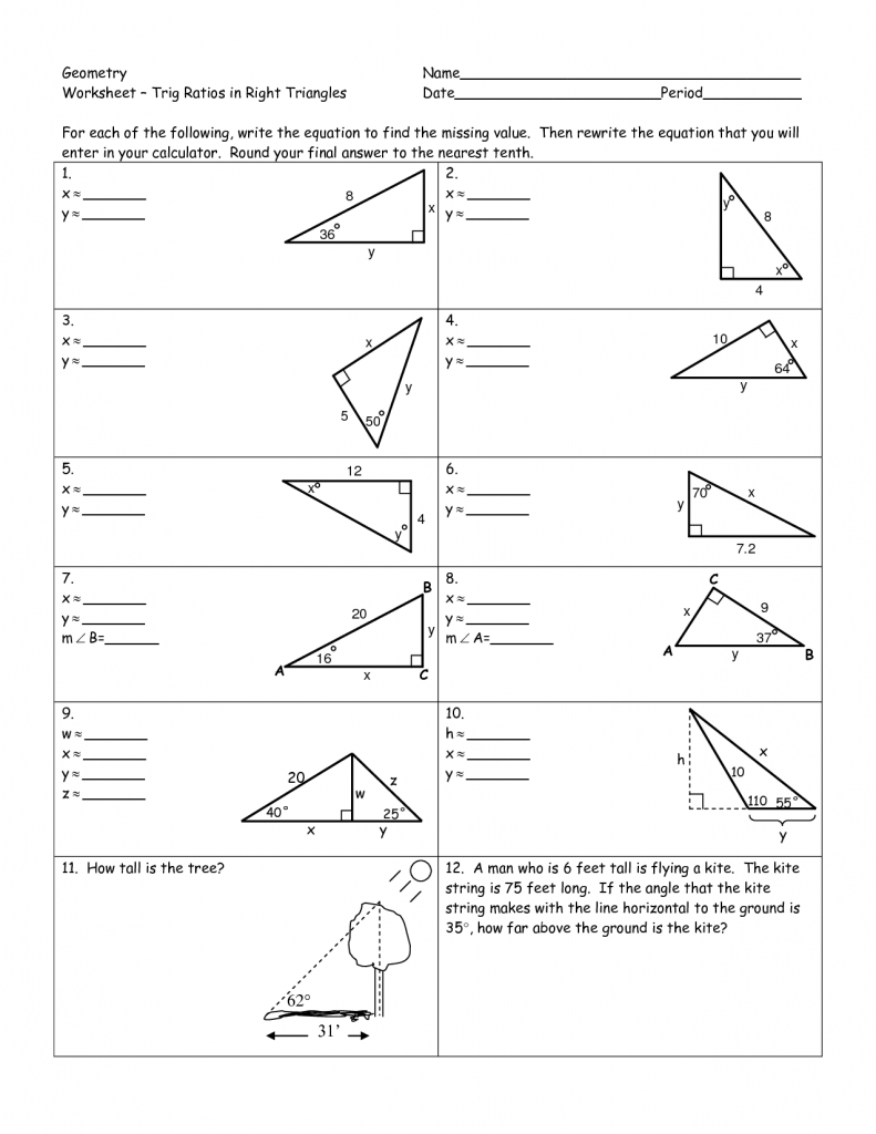 Geometry Worksheet – Trig Ratios in Right Triangles