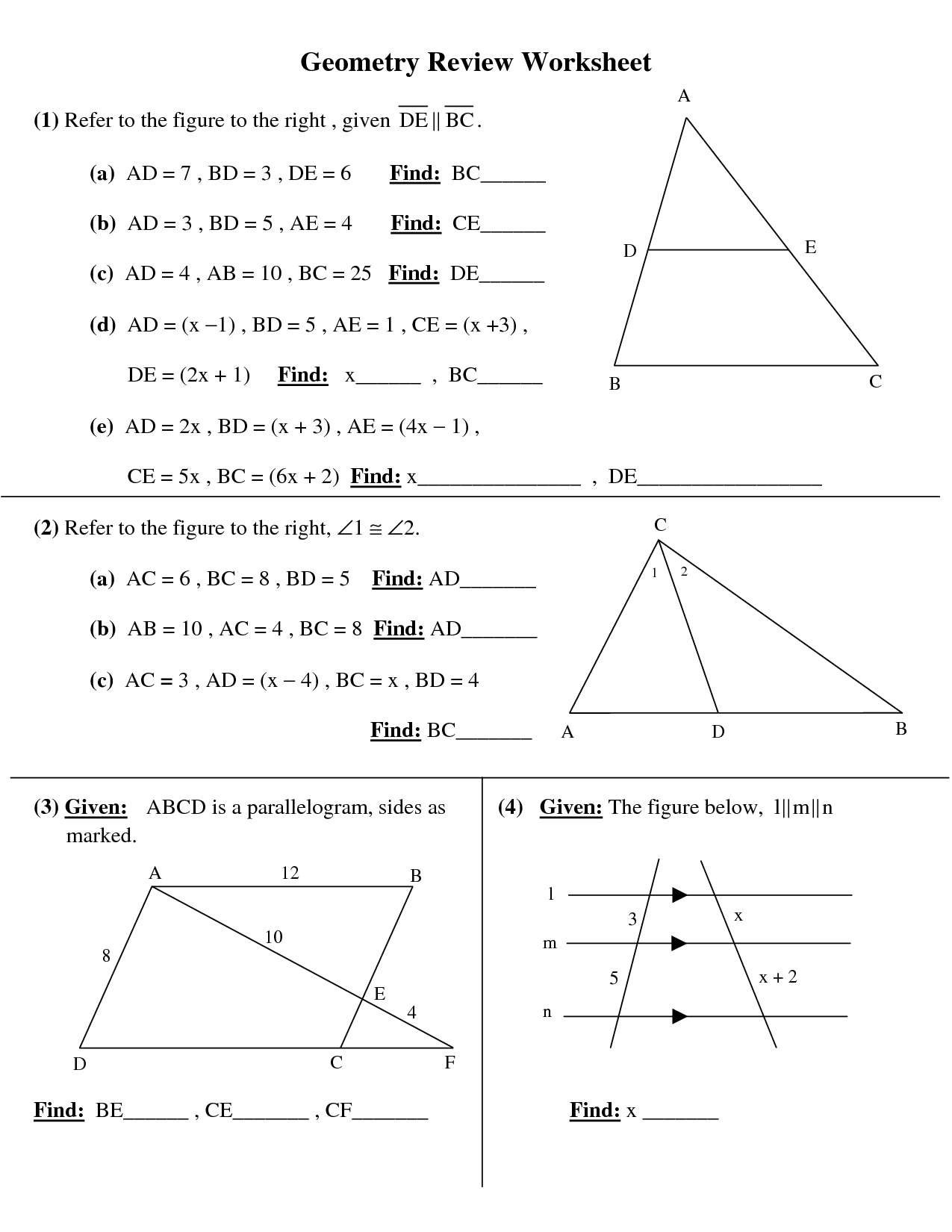 High School Geometry Worksheet - Printable