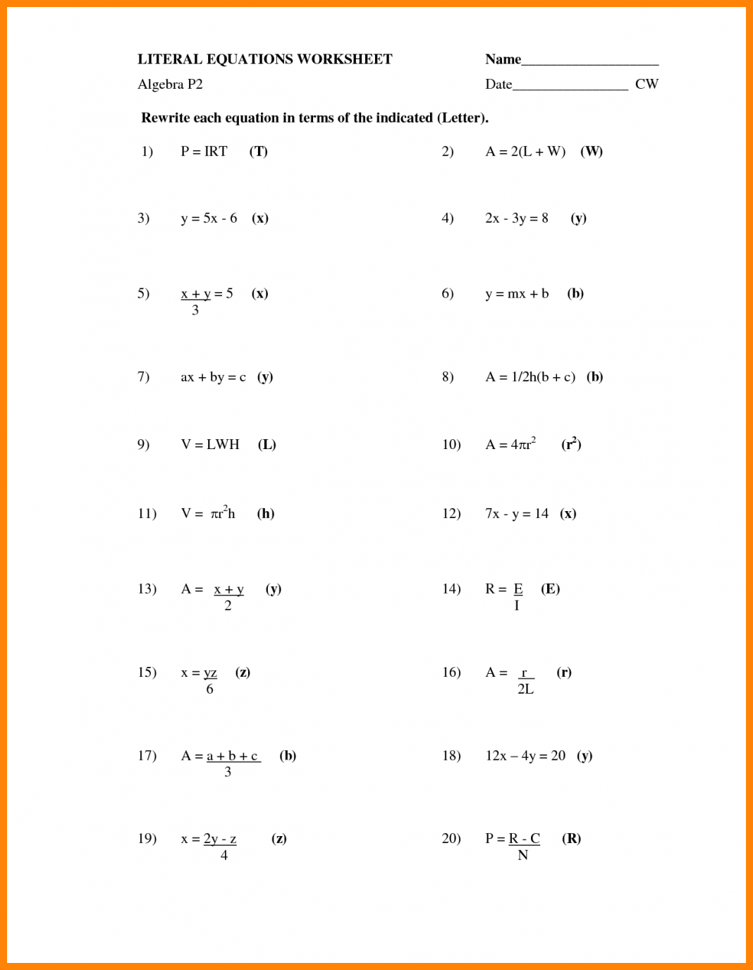 Literal Equations Worksheet - Printable