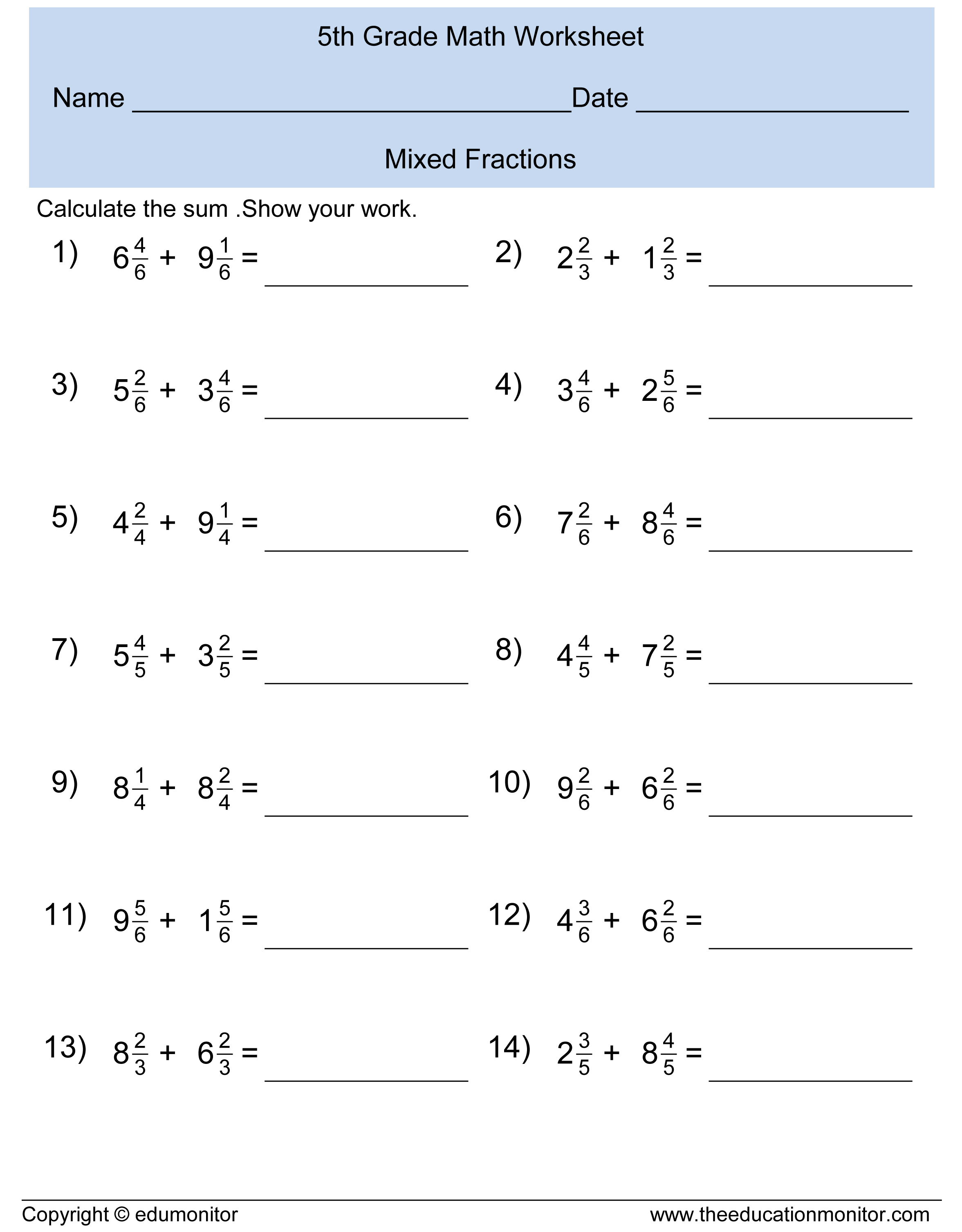 Mixed Fractions Worksheet for 5th Graders