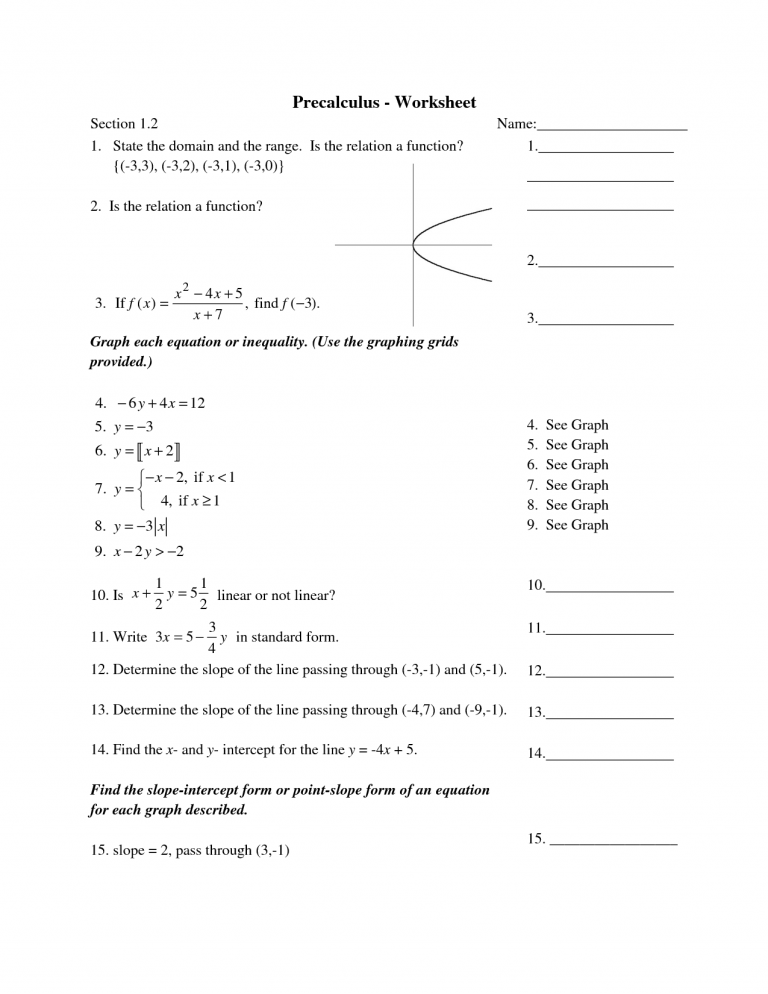Precalculus Printable Worksheets