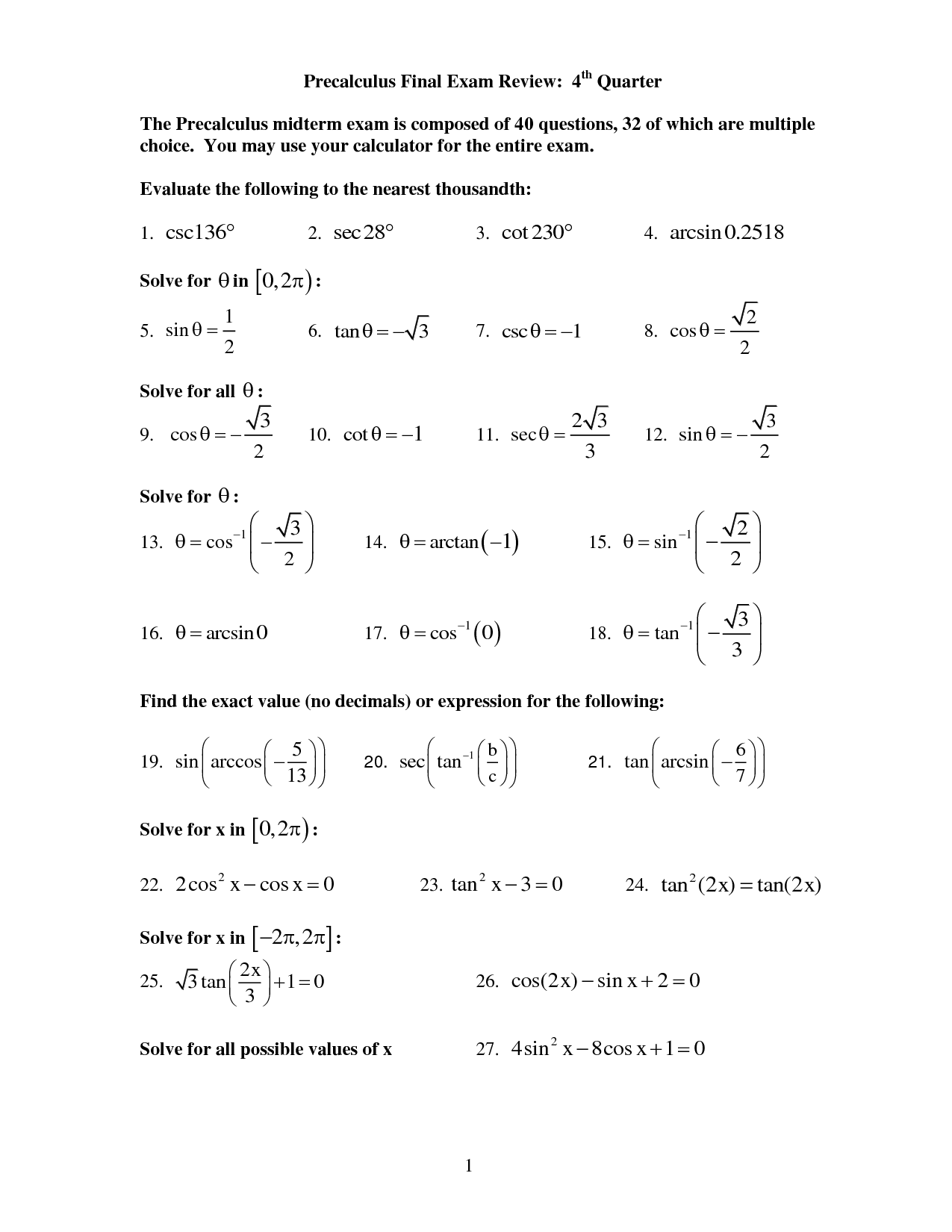 Precalculus Practice Exam Worksheet