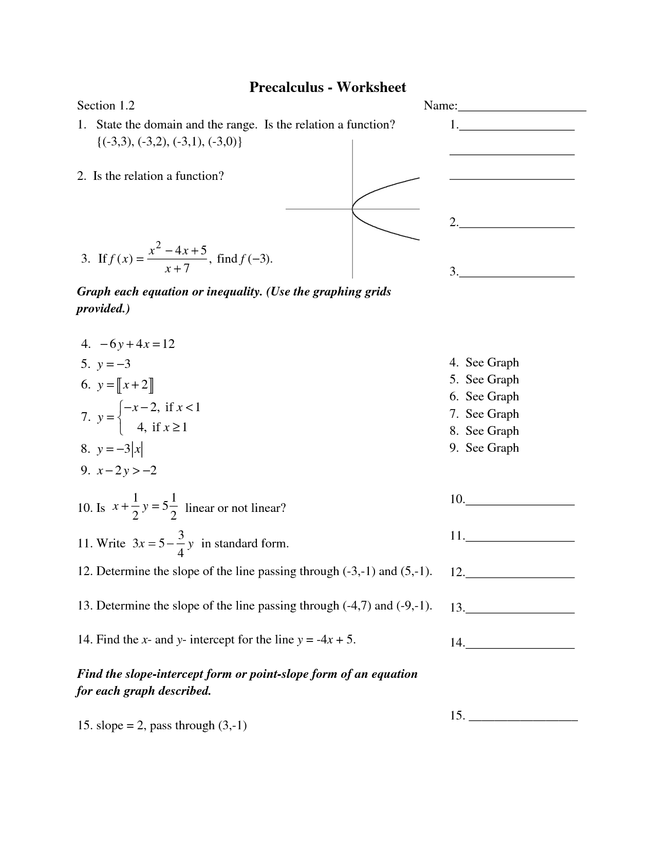 Precalculus Worksheet