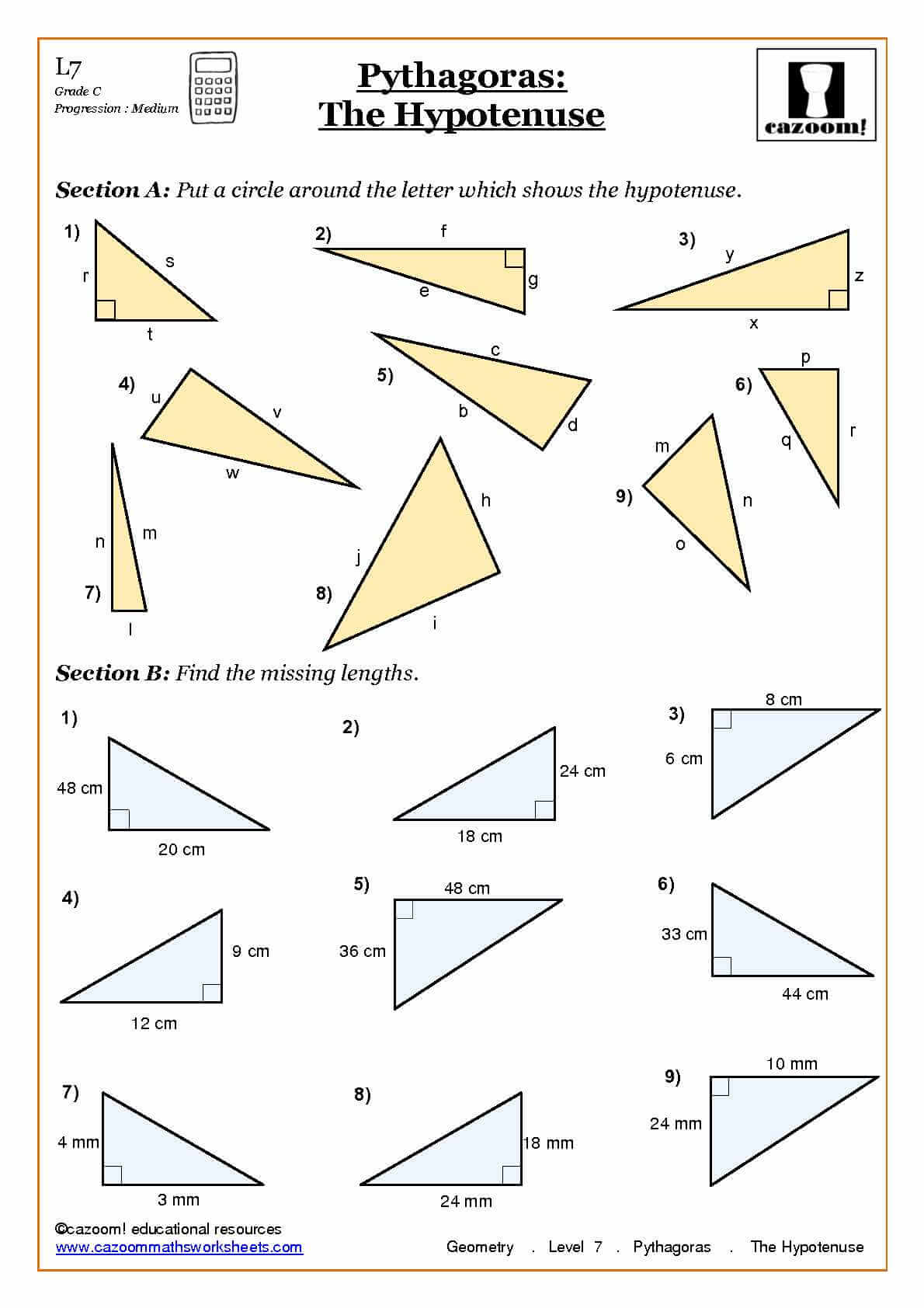 Pythagoras The Hypotenuse - Geometry Worksheet
