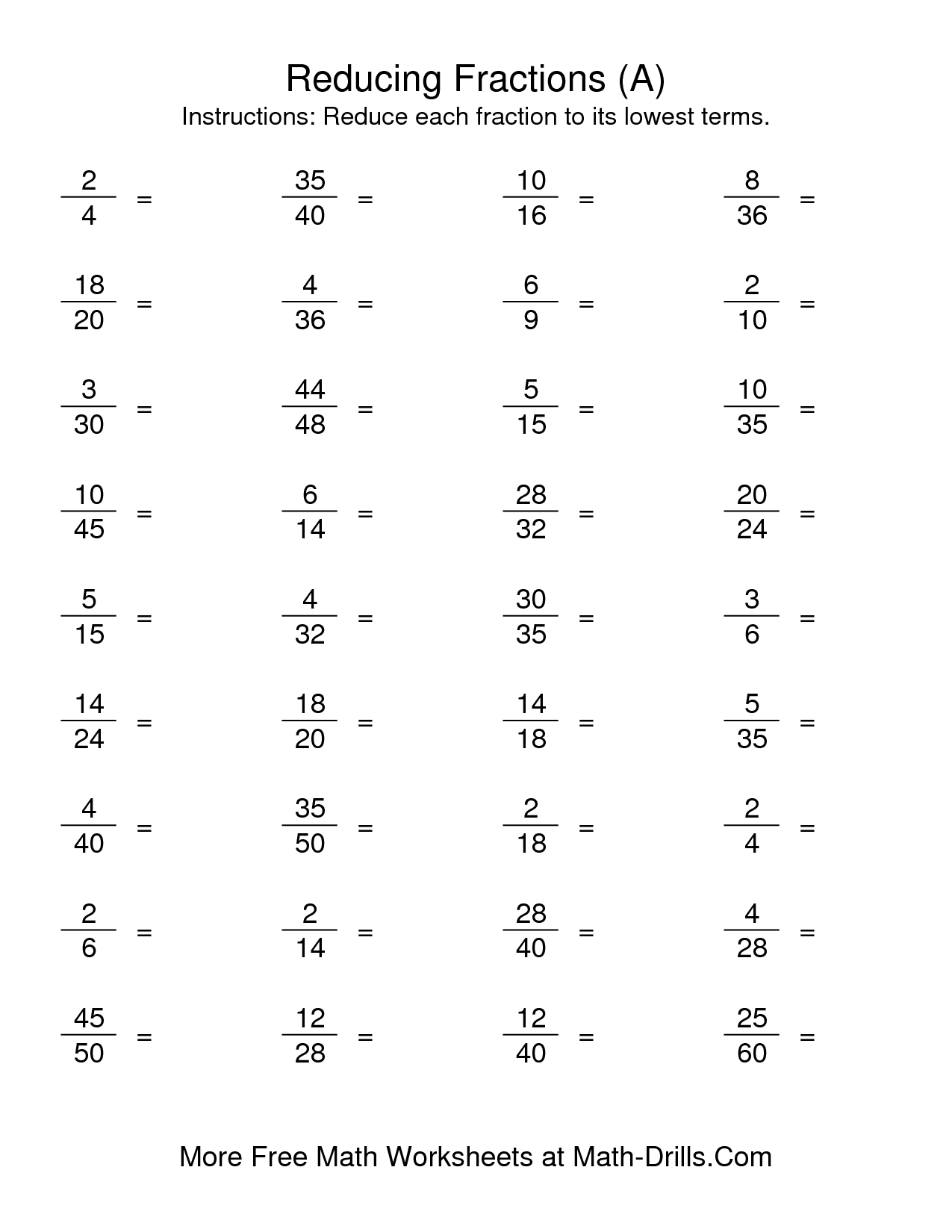 reducing fractions 3rd grade practice worksheet