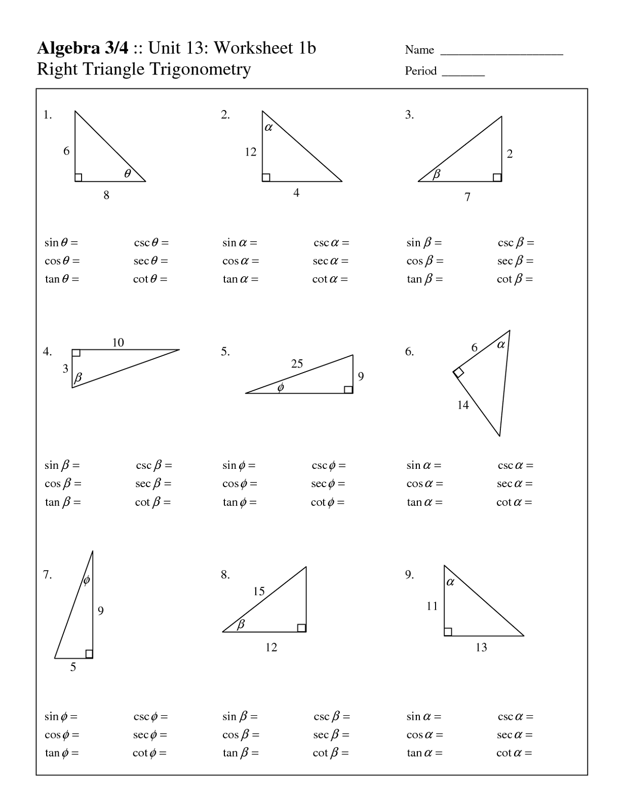 Right Triangles Worksheet Trigonometry