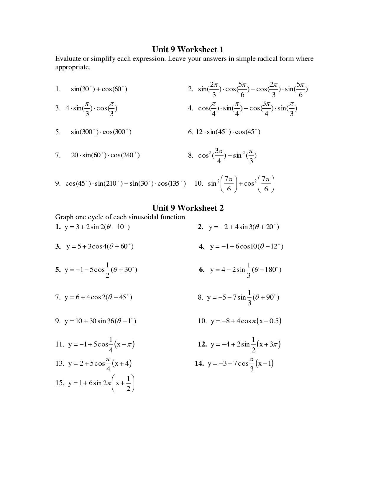 Pre-calculus Worksheet - Simplify Expressions and Graphing Cycles