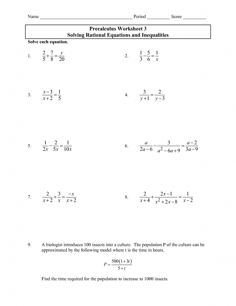Solving Rational Equations and Inequalities – Precalculus For Solving Rational Inequalities Worksheet