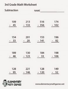 Subtraction Math Worksheet for Third Graders