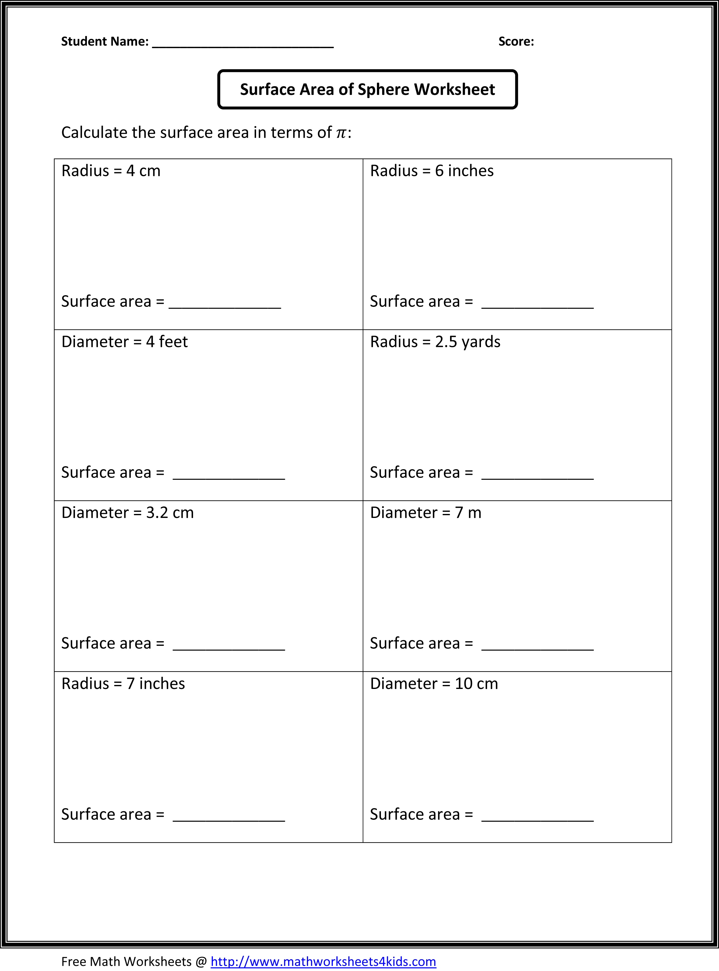 Surface Area of a Sphere Worksheet
